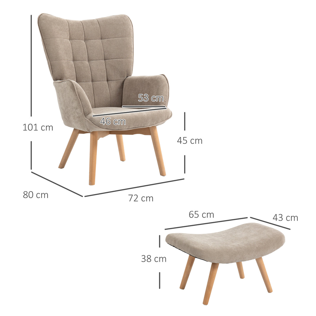 HOMCOM Ohrensessel mit Hocker, Relaxsessel, Polstersessel in Cord-Optik, Loungesessel, Armlehnstuhl mit Holzbeine, Fernsehsessel für Wohnzimmer, Braun