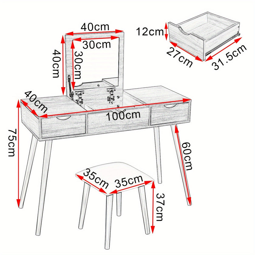 Schminktisch mit Spiegel und Hocker, Schminktisch mit Klappspiegel, Schreibtisch mit 2 Schubladen, 100x40x75cm, weiß