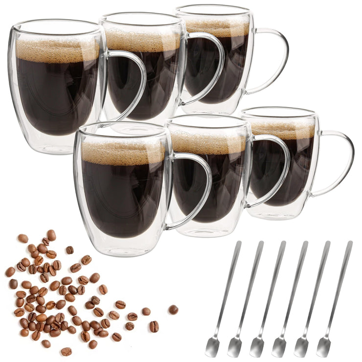 6 doppelwandige Glasbecher mit Löffeln, Kaffeebecher, klare Glasbecher mit Henkel