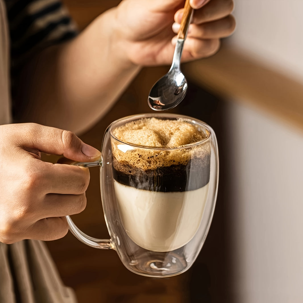 6 doppelwandige Glasbecher mit Löffeln, Kaffeebecher, klare Glasbecher mit Henkel