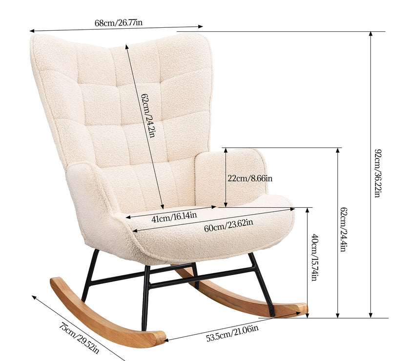 Schaukelstuhl Sessel Relaxsessel mit Armlehnen, Schaukelstuhl gepolstert Teddy-Stoff, Bequemer Seitenstuhl Schaukelakzent