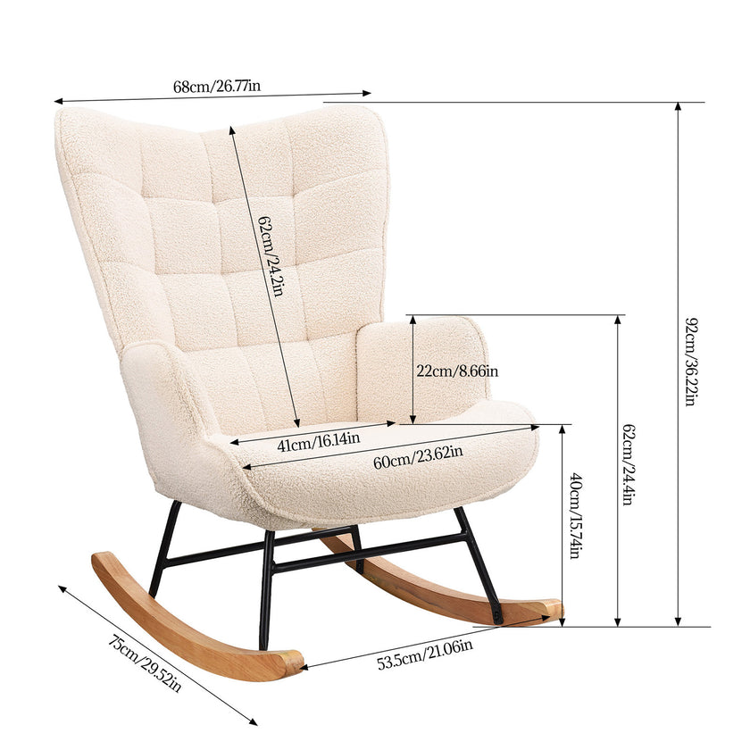 Schaukelstuhl Sessel Relaxsessel mit Armlehnen, Schaukelstuhl gepolstert Teddy-Stoff, Bequemer Seitenstuhl Schaukelakzent