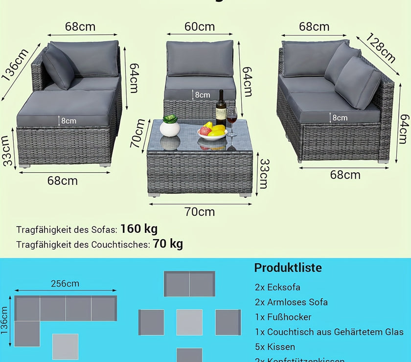 Outdoor-Lounge-Set mit Couchtisch - Wetterfest, UV-beständig, Terrassenmöbel für 7 Personen, inklusive ergonomischen Rückenlehnen & Kissen