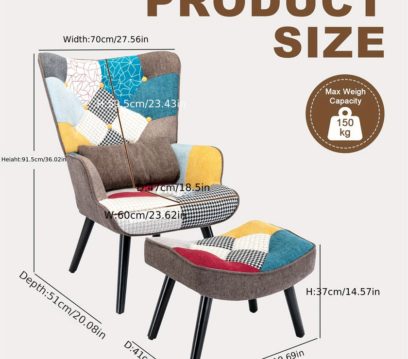 Lounge Chair mit Hocker, Patchwork Sessel, Ohrensessel, Holzsessel, Wohnzimmer, Moderner Fernsehsessel, Lounge Chair, Patchwork, Leinen, Massivholzfüße