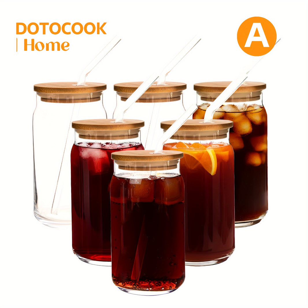 DOTOCOOK 6er-Set, 16oz Vintage Klare Glasbecher mit Bambusdeckeln & Strohhalmen -