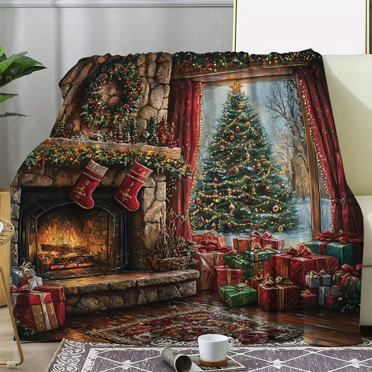 Vintage Weihnachtskamin- und Baum-Design-Wurfdecke – Gemütliche weiche Flanell-Strick-Druckdecke