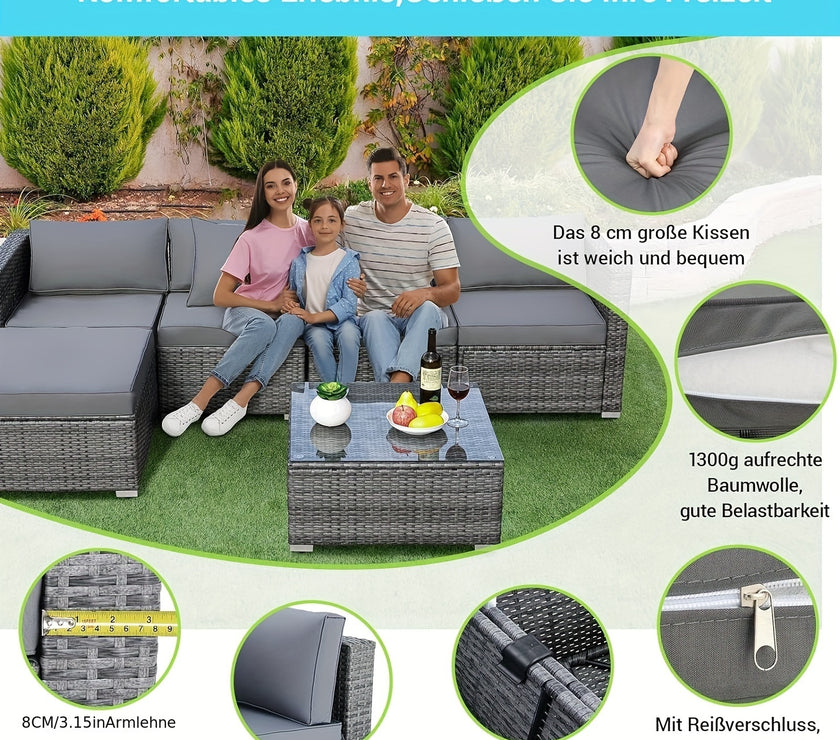 Outdoor-Lounge-Set mit Couchtisch - Wetterfest, UV-beständig, Terrassenmöbel für 7 Personen, inklusive ergonomischen Rückenlehnen & Kissen