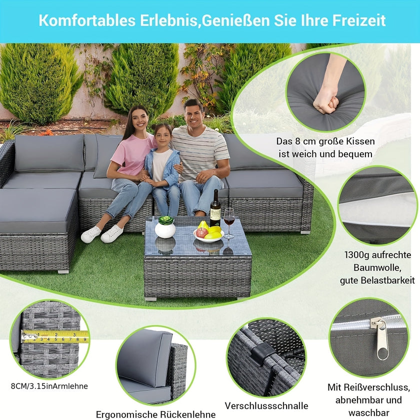 Outdoor-Lounge-Set mit Couchtisch - Wetterfest, UV-beständig, Terrassenmöbel für 7 Personen, inklusive ergonomischen Rückenlehnen & Kissen