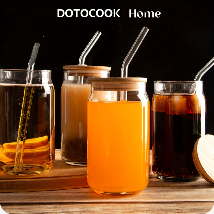 DOTOCOOK 6er-Set, 16oz Vintage Klare Glasbecher mit Bambusdeckeln & Strohhalmen -