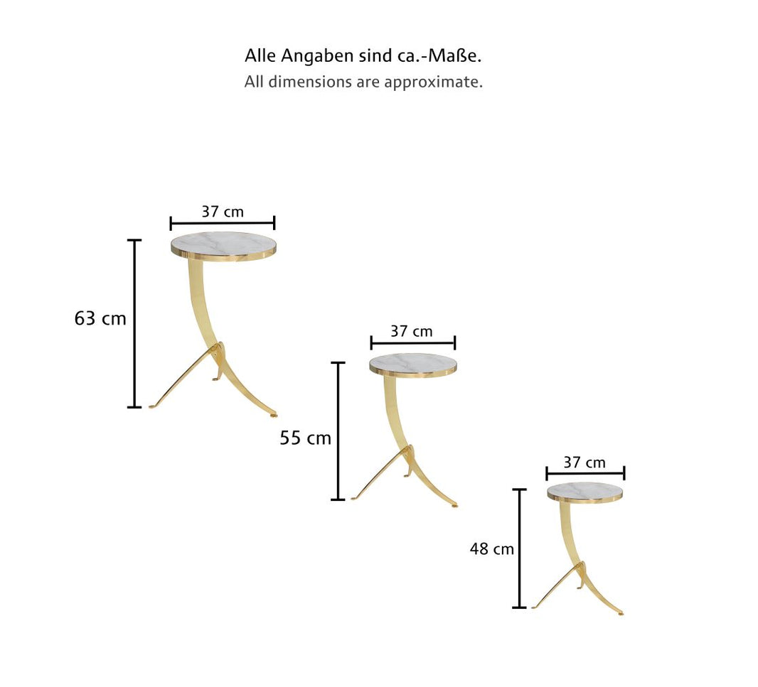 3'er Beistelltisch Rund Chrom, Goldfarben und Bronzefarben