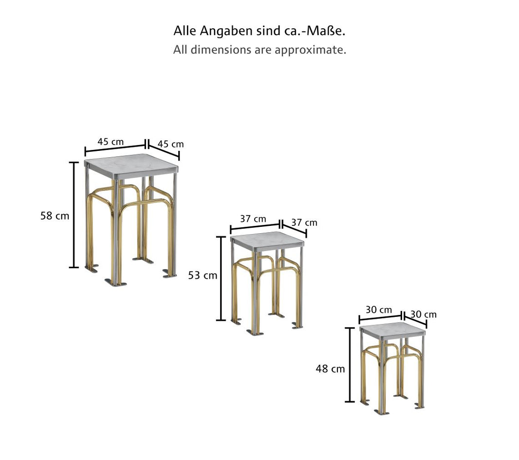 3'er Beistelltisch Goldfarbene Metallfüße